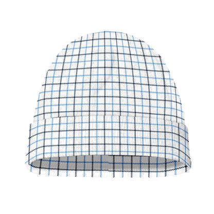 White And Blue Tattersall Pattern Print Beanie