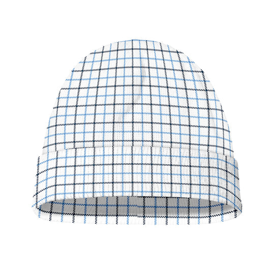 White And Blue Tattersall Pattern Print Beanie
