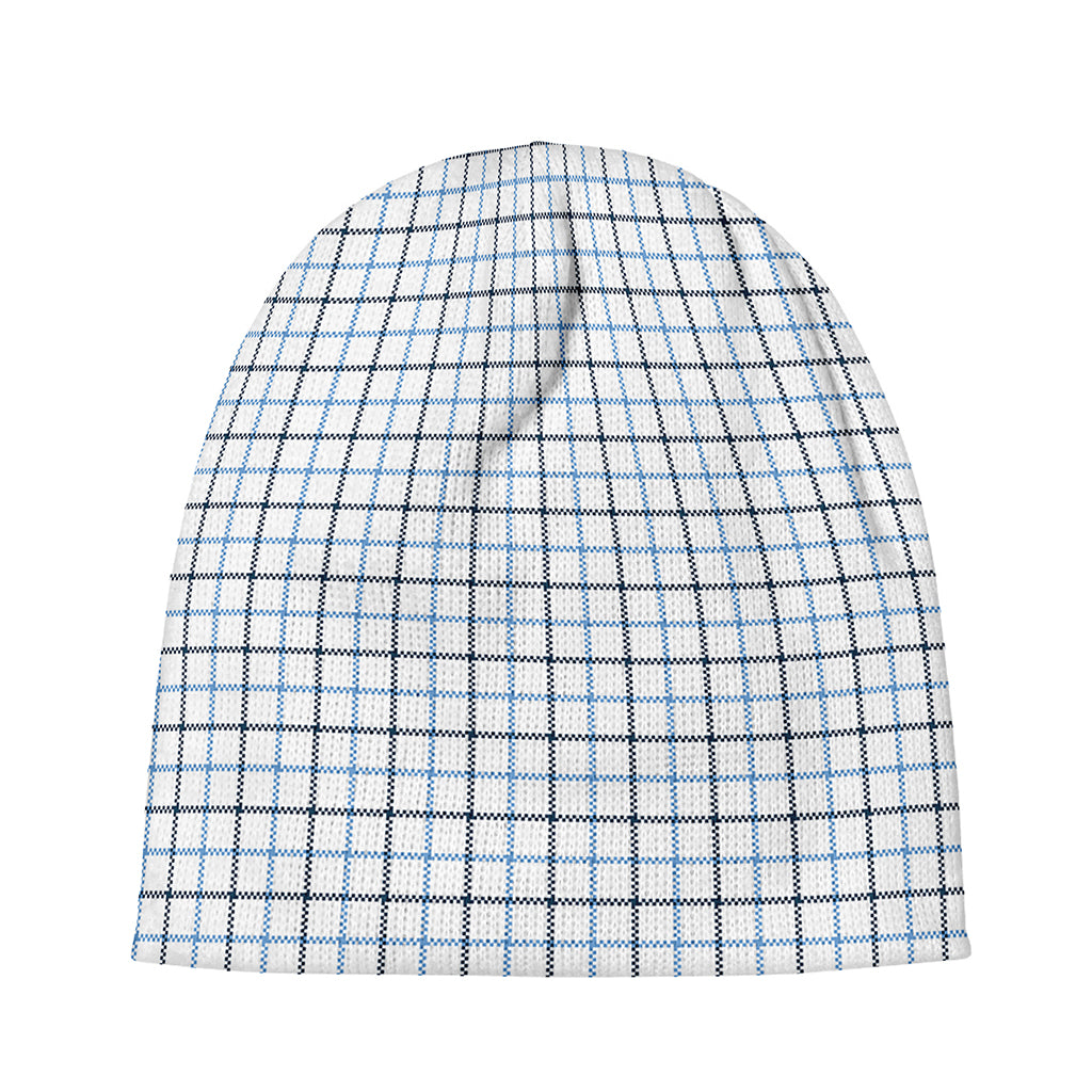 White And Blue Tattersall Pattern Print Beanie