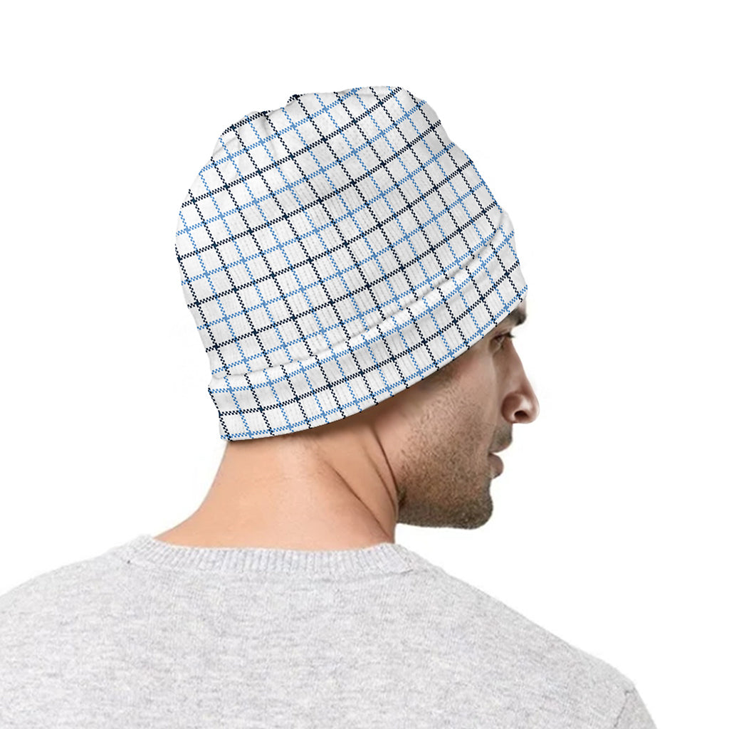 White And Blue Tattersall Pattern Print Beanie