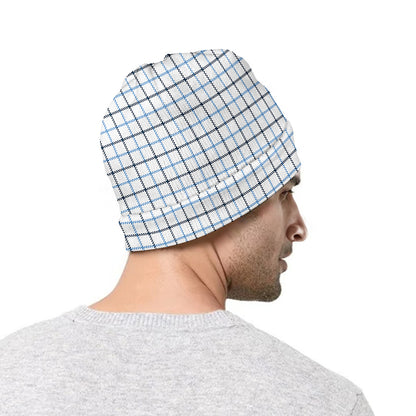 White And Blue Tattersall Pattern Print Beanie