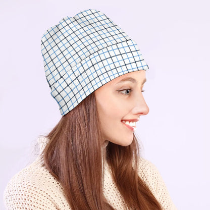 White And Blue Tattersall Pattern Print Beanie