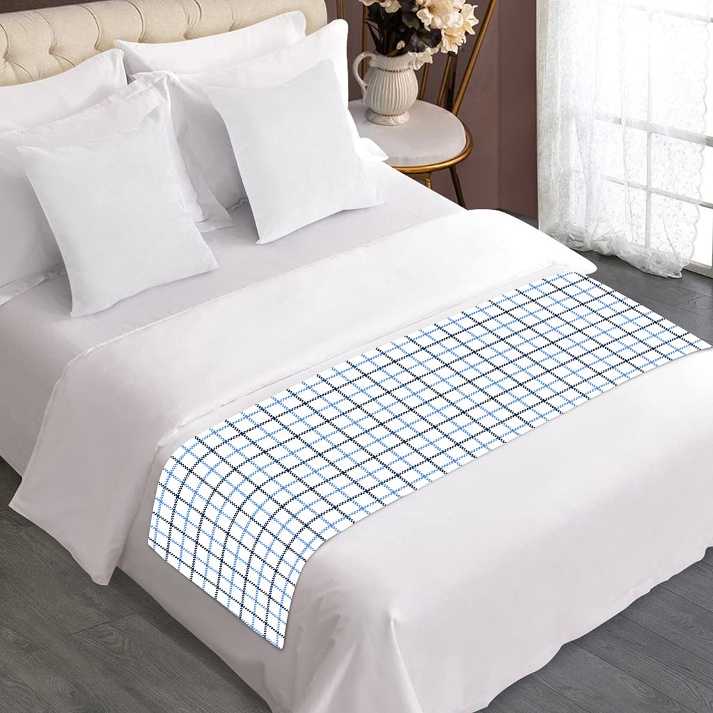 White And Blue Tattersall Pattern Print Bed Runner
