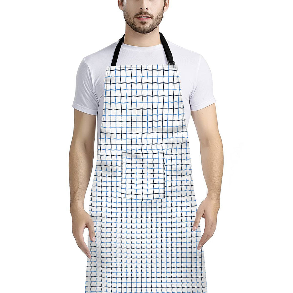 White And Blue Tattersall Pattern Print Bib Apron With Pocket