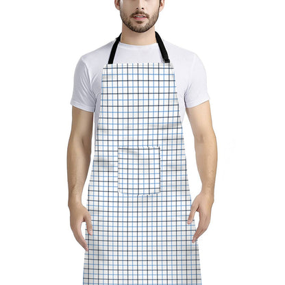 White And Blue Tattersall Pattern Print Bib Apron With Pocket