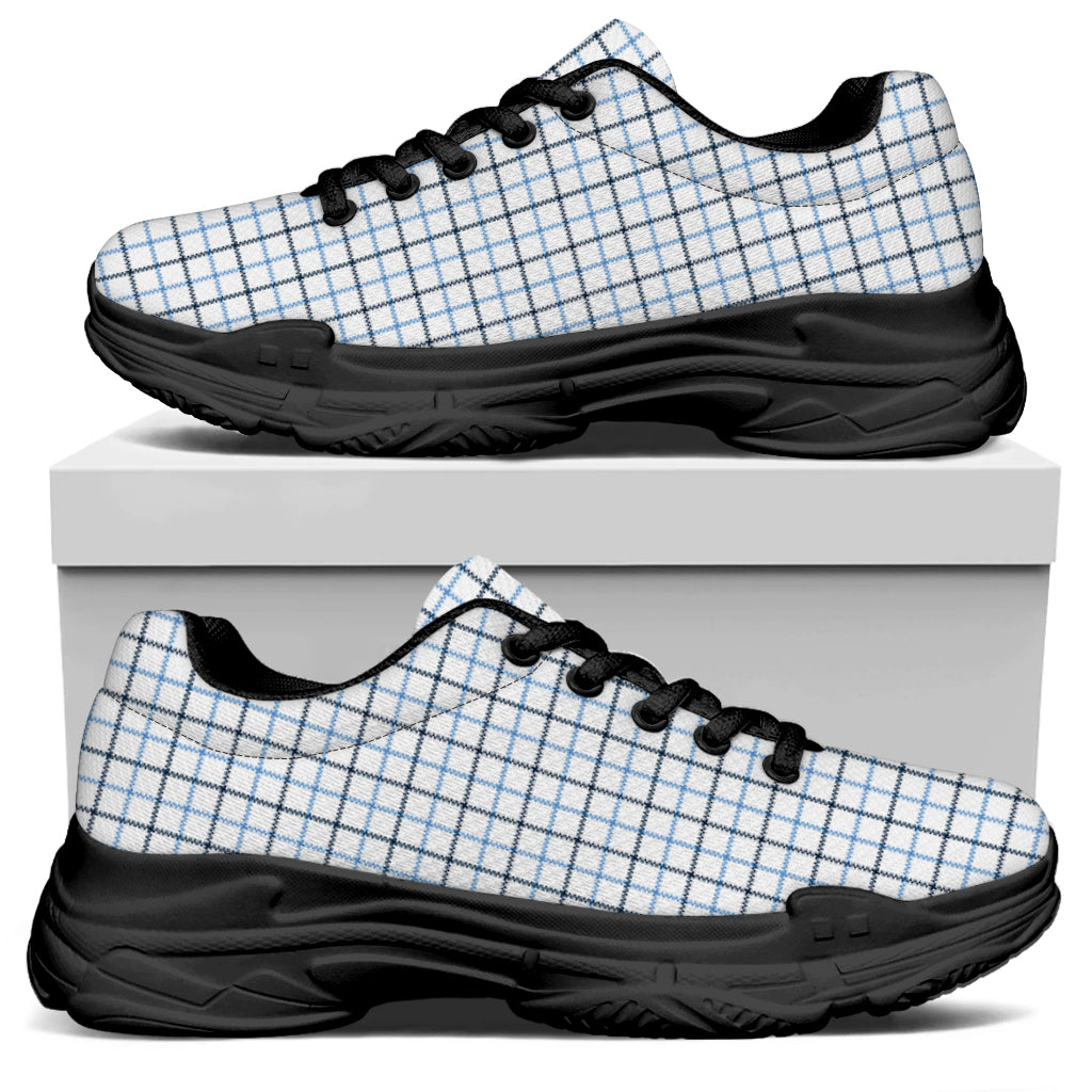 White And Blue Tattersall Pattern Print Black Chunky Shoes