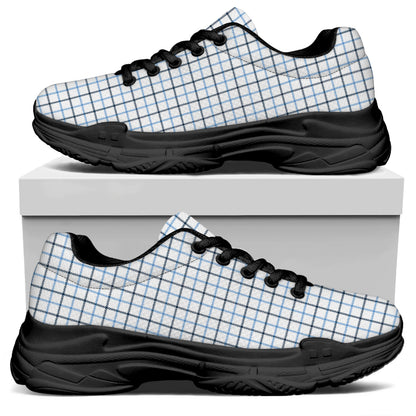 White And Blue Tattersall Pattern Print Black Chunky Shoes