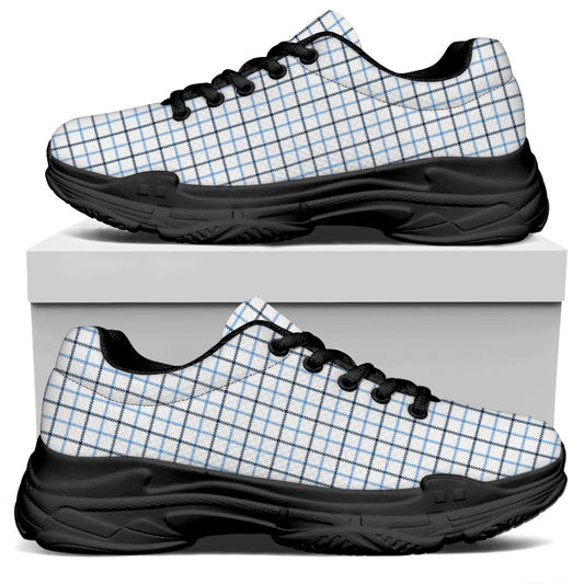 White And Blue Tattersall Pattern Print Black Chunky Shoes