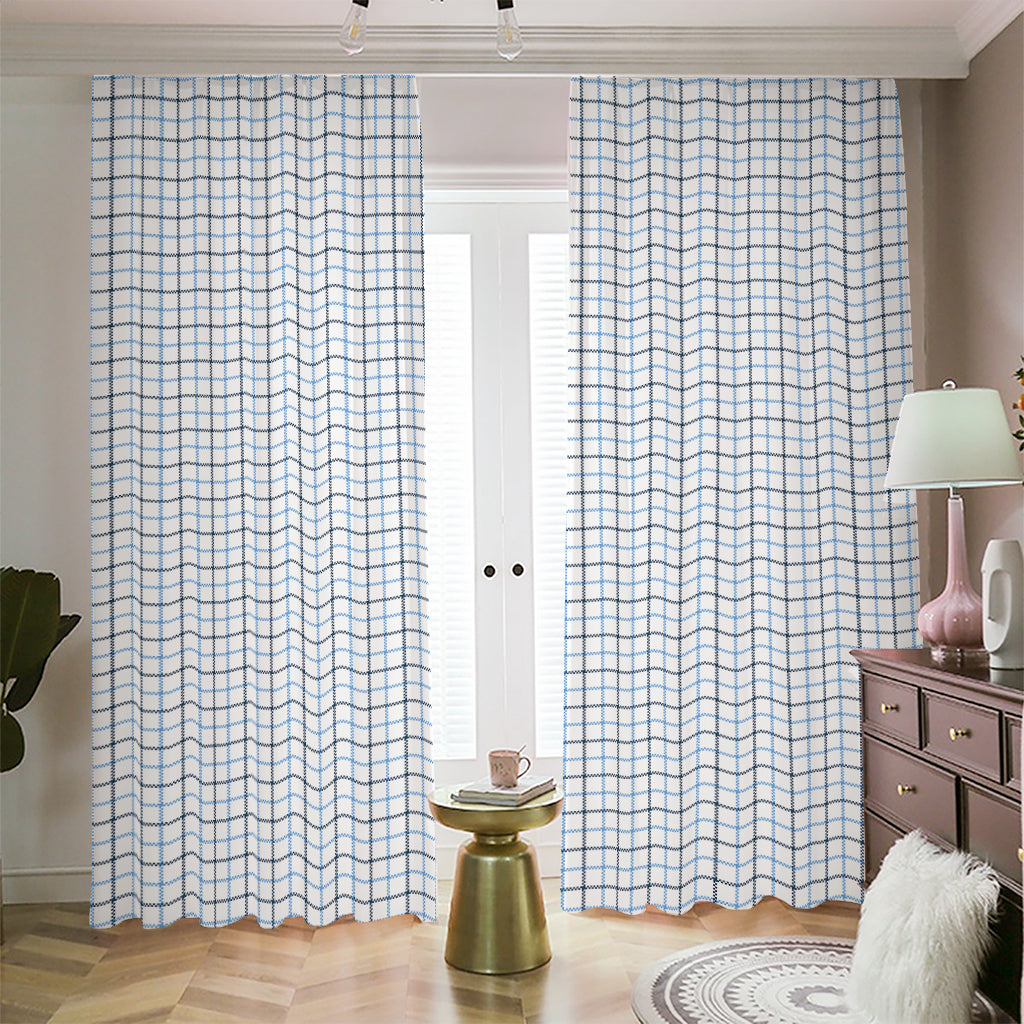 White And Blue Tattersall Pattern Print Blackout Pencil Pleat Curtains