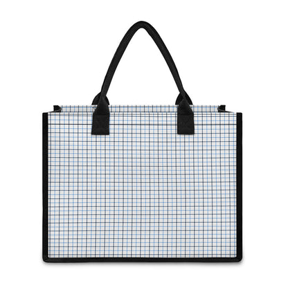 White And Blue Tattersall Pattern Print Canvas Tote Bag