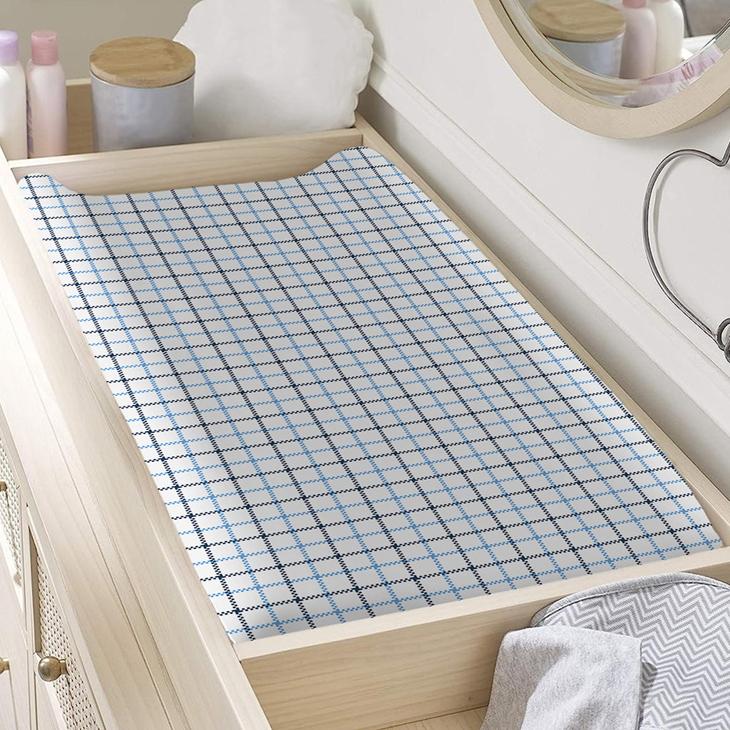 White And Blue Tattersall Pattern Print Changing Pad Cover