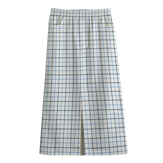 White And Blue Tattersall Pattern Print Cotton Front Slit Maxi Skirt