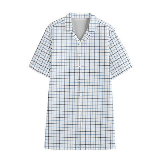 White And Blue Tattersall Pattern Print Cotton Hawaiian Shirt