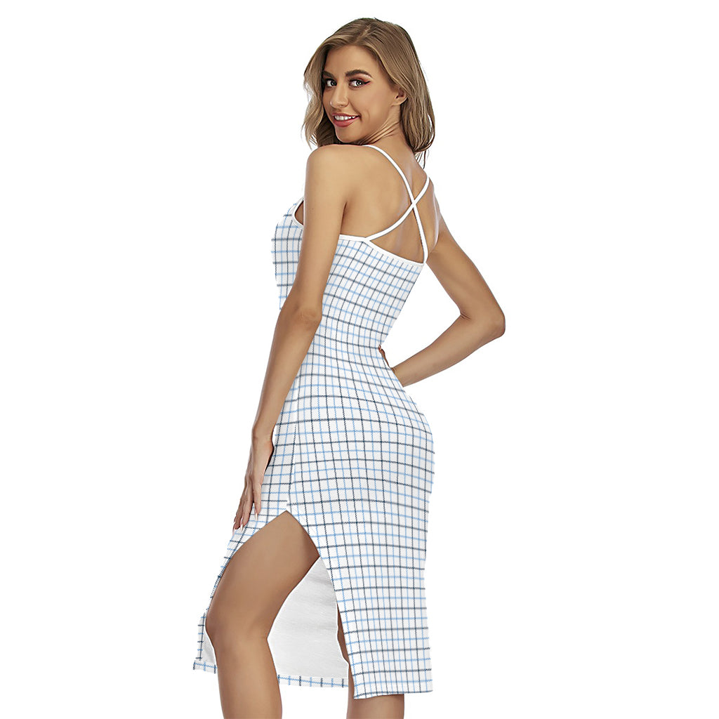 White And Blue Tattersall Pattern Print Cross Back Cami Dress