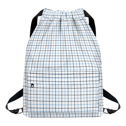White And Blue Tattersall Pattern Print Drawstring Backpack