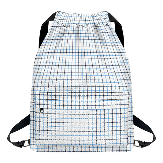 White And Blue Tattersall Pattern Print Drawstring Backpack