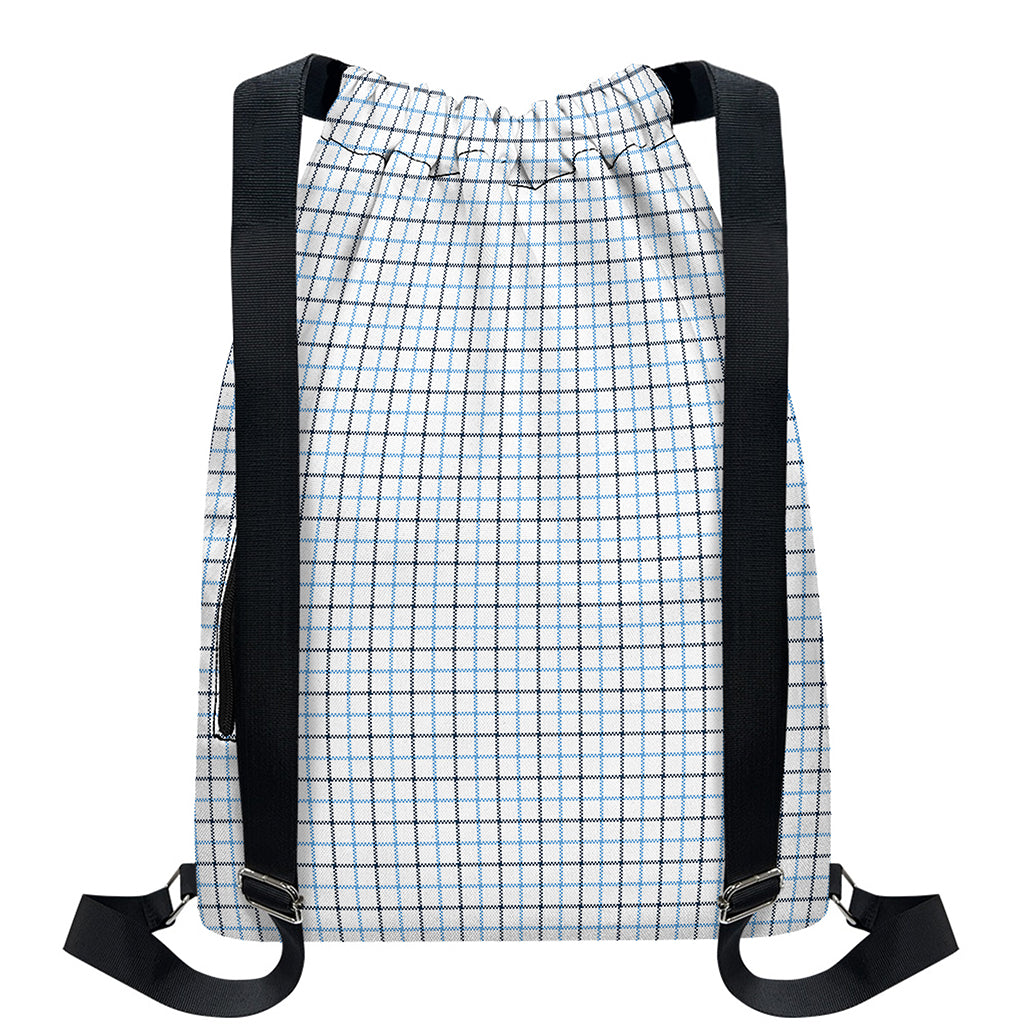 White And Blue Tattersall Pattern Print Drawstring Backpack