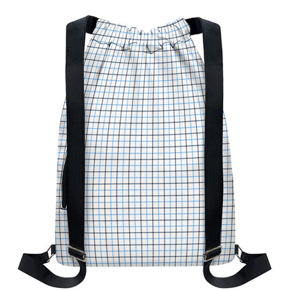 White And Blue Tattersall Pattern Print Drawstring Backpack
