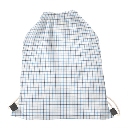 White And Blue Tattersall Pattern Print Drawstring Bag