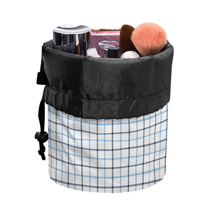 White And Blue Tattersall Pattern Print Drawstring Makeup Bag