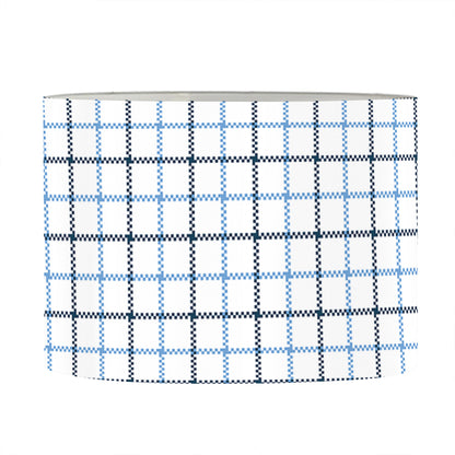White And Blue Tattersall Pattern Print Drum Lamp Shade