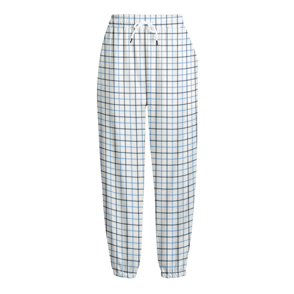 White And Blue Tattersall Pattern Print Fleece Lined Knit Pants