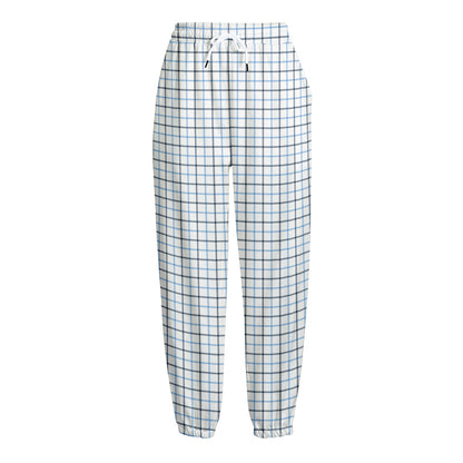 White And Blue Tattersall Pattern Print Fleece Lined Knit Pants