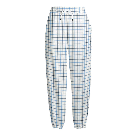 White And Blue Tattersall Pattern Print Fleece Lined Knit Pants