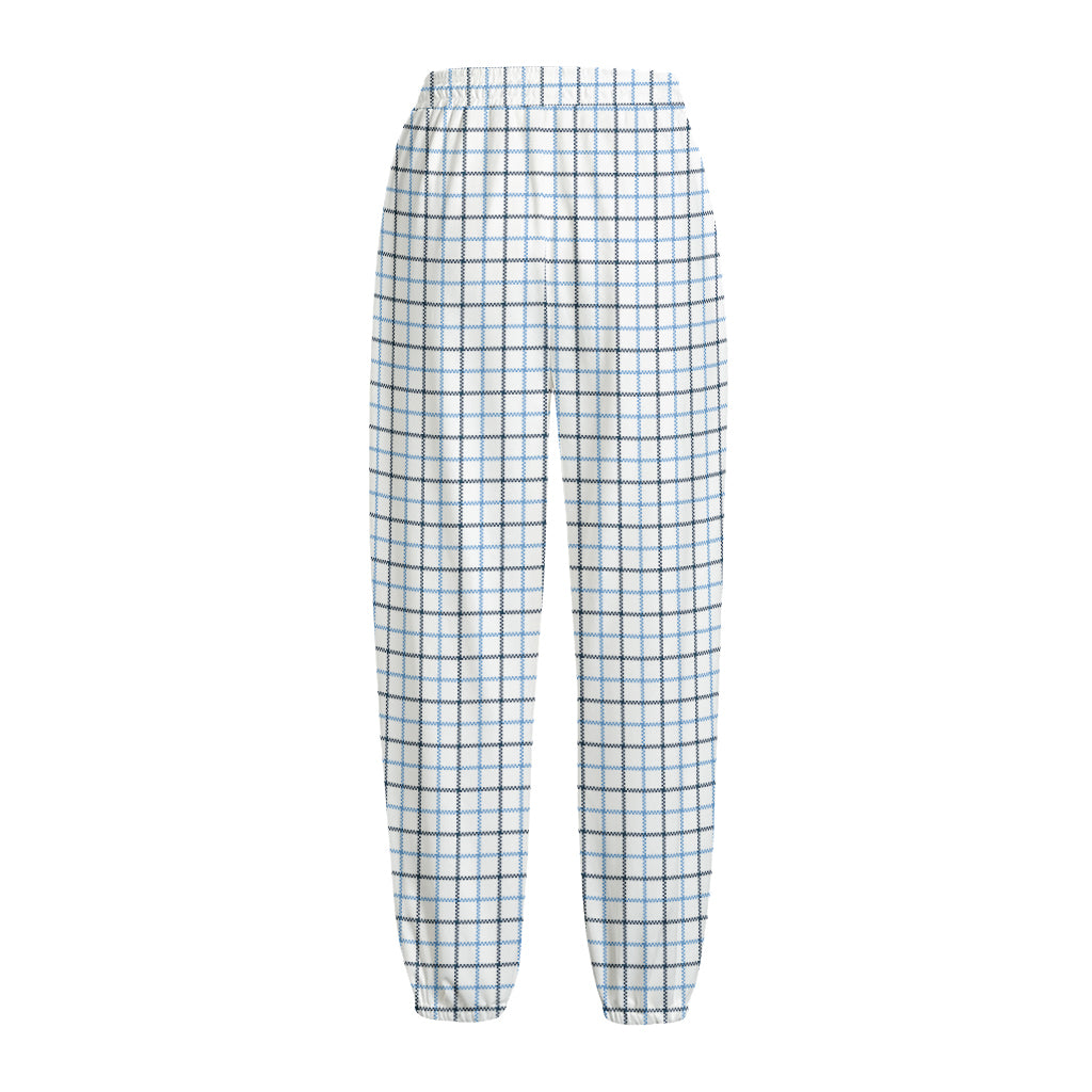 White And Blue Tattersall Pattern Print Fleece Lined Knit Pants