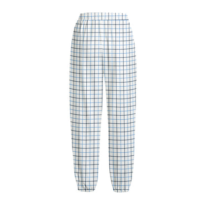White And Blue Tattersall Pattern Print Fleece Lined Knit Pants