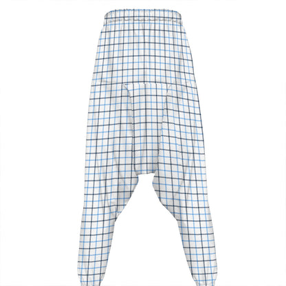 White And Blue Tattersall Pattern Print Hammer Pants