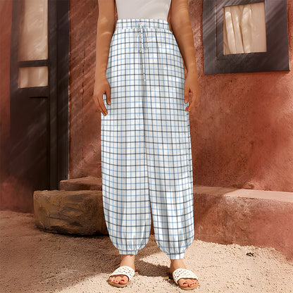 White And Blue Tattersall Pattern Print Harem Pants