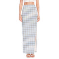 White And Blue Tattersall Pattern Print High Slit Maxi Skirt