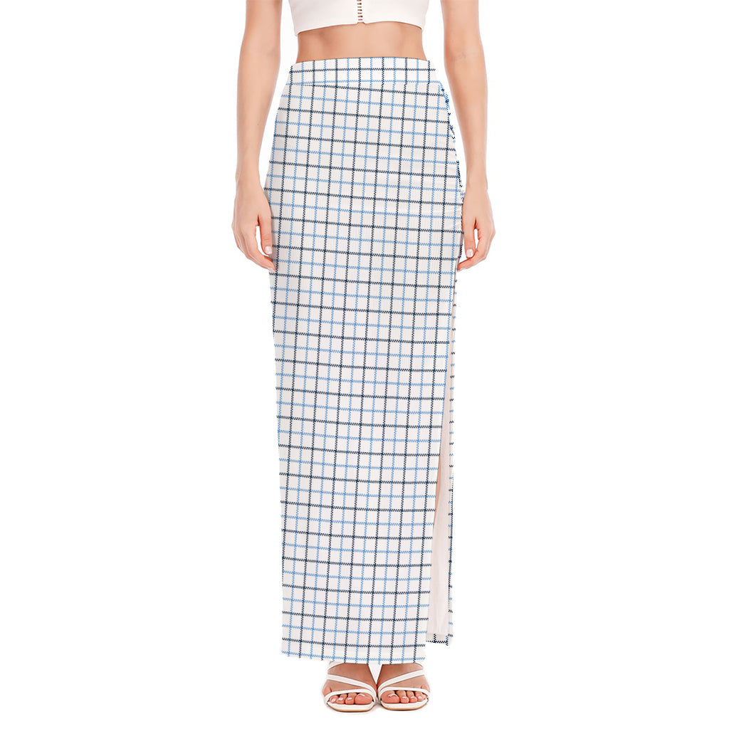 White And Blue Tattersall Pattern Print High Slit Maxi Skirt