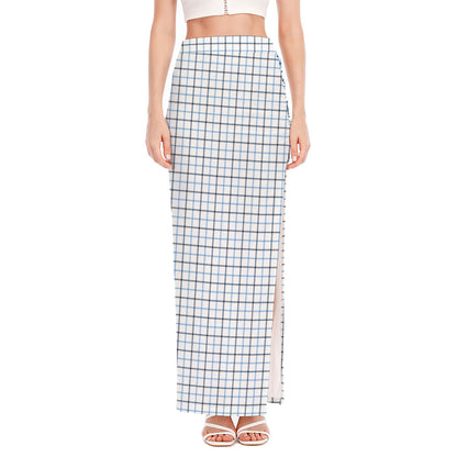 White And Blue Tattersall Pattern Print High Slit Maxi Skirt