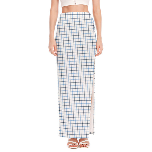 White And Blue Tattersall Pattern Print High Slit Maxi Skirt