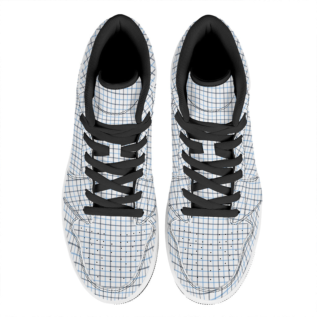White And Blue Tattersall Pattern Print High Top Leather Sneakers