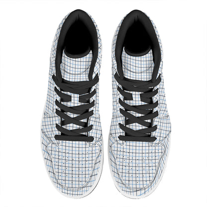 White And Blue Tattersall Pattern Print High Top Leather Sneakers