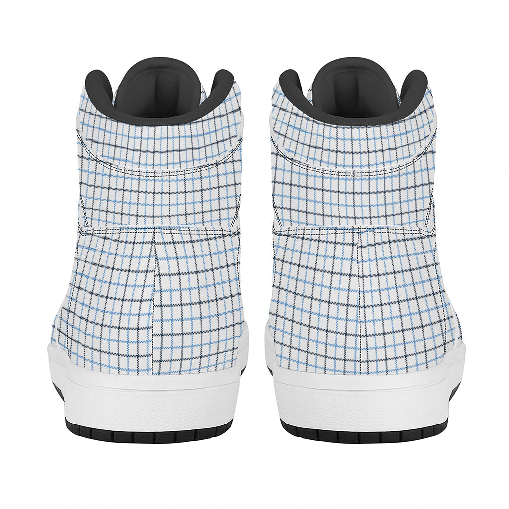 White And Blue Tattersall Pattern Print High Top Leather Sneakers
