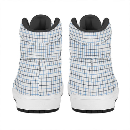 White And Blue Tattersall Pattern Print High Top Leather Sneakers