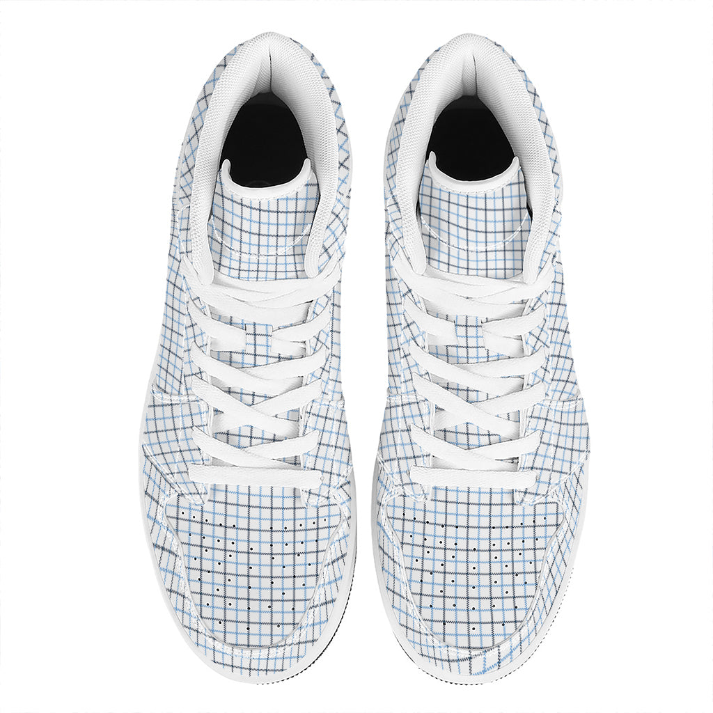 White And Blue Tattersall Pattern Print High Top Leather Sneakers