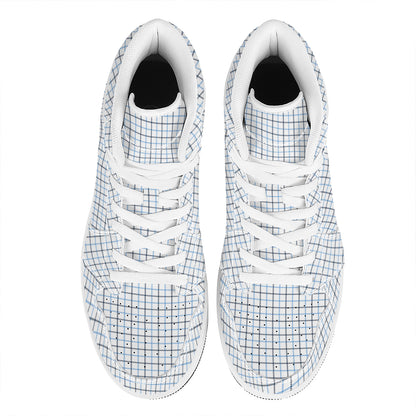 White And Blue Tattersall Pattern Print High Top Leather Sneakers