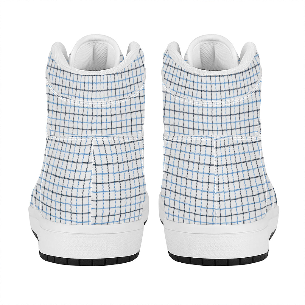 White And Blue Tattersall Pattern Print High Top Leather Sneakers