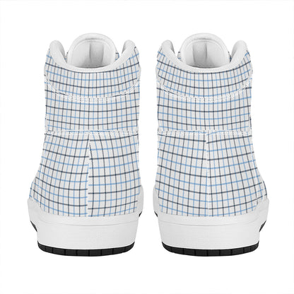 White And Blue Tattersall Pattern Print High Top Leather Sneakers