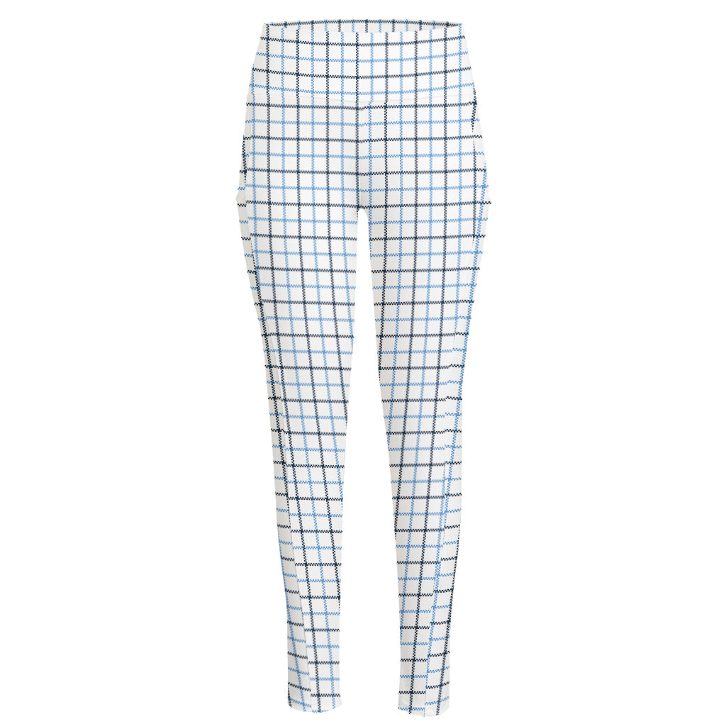 White And Blue Tattersall Pattern Print High-Waisted Pocket Leggings