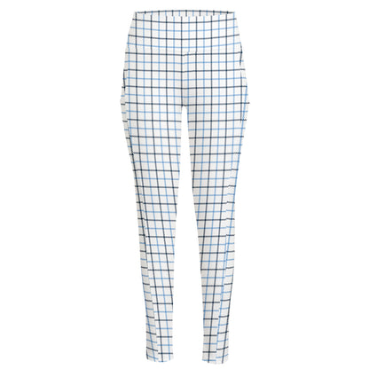 White And Blue Tattersall Pattern Print High-Waisted Pocket Leggings