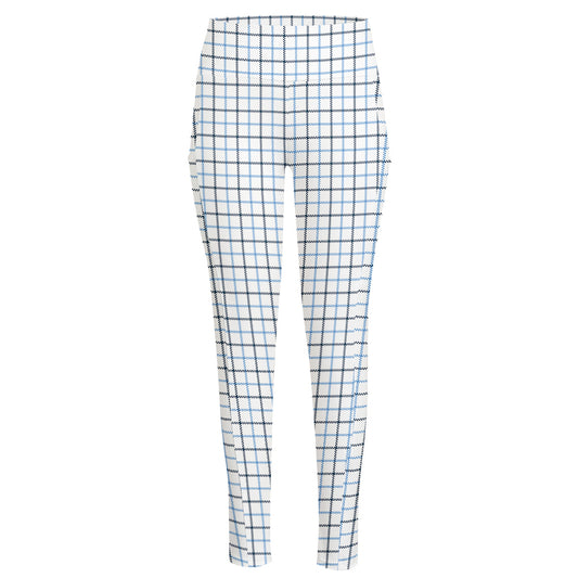 White And Blue Tattersall Pattern Print High-Waisted Pocket Leggings