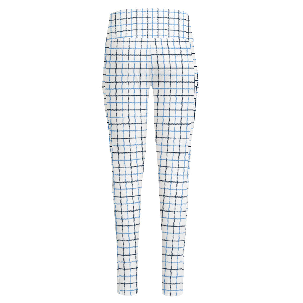 White And Blue Tattersall Pattern Print High-Waisted Pocket Leggings