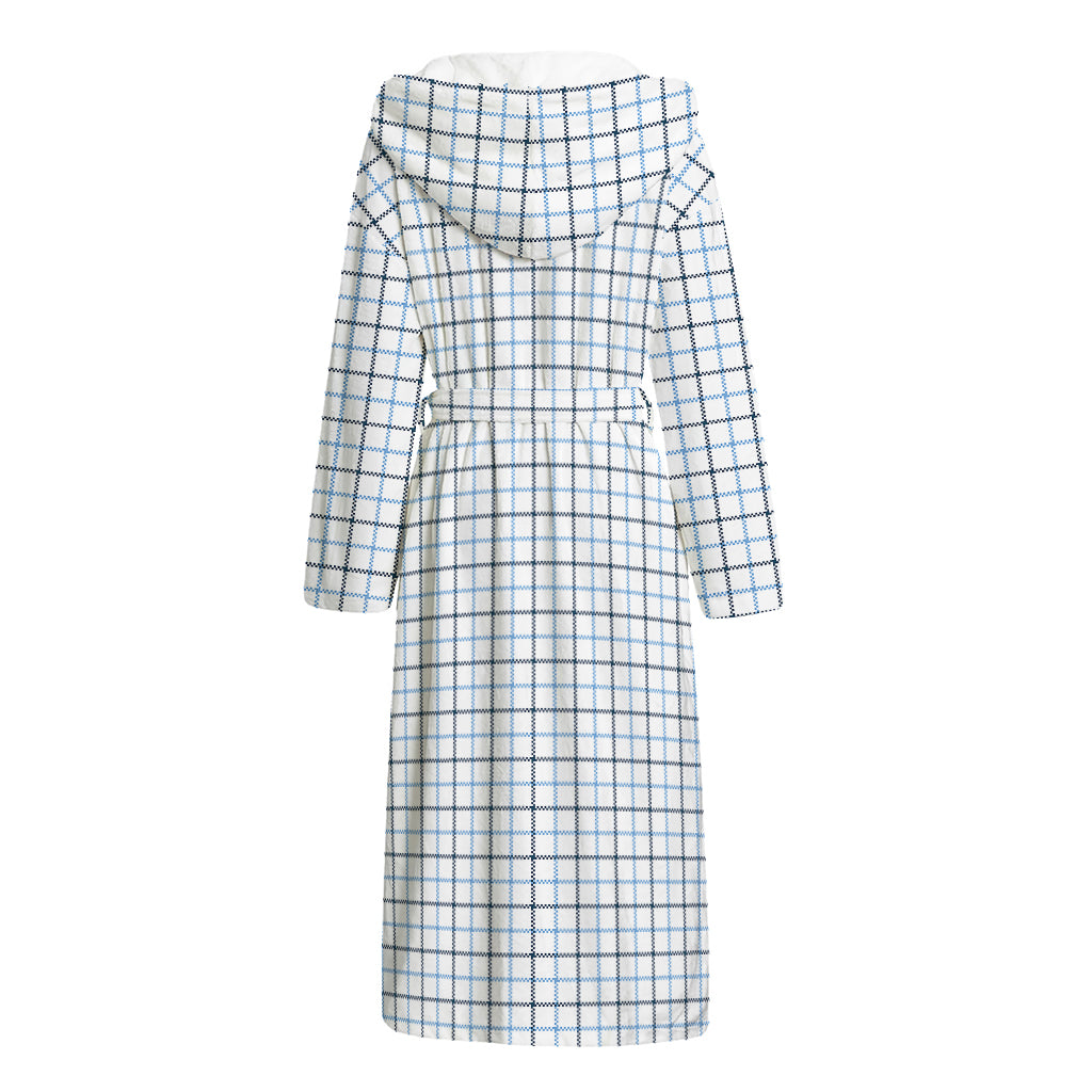 White And Blue Tattersall Pattern Print Hooded Bathrobe