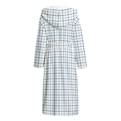 White And Blue Tattersall Pattern Print Hooded Bathrobe